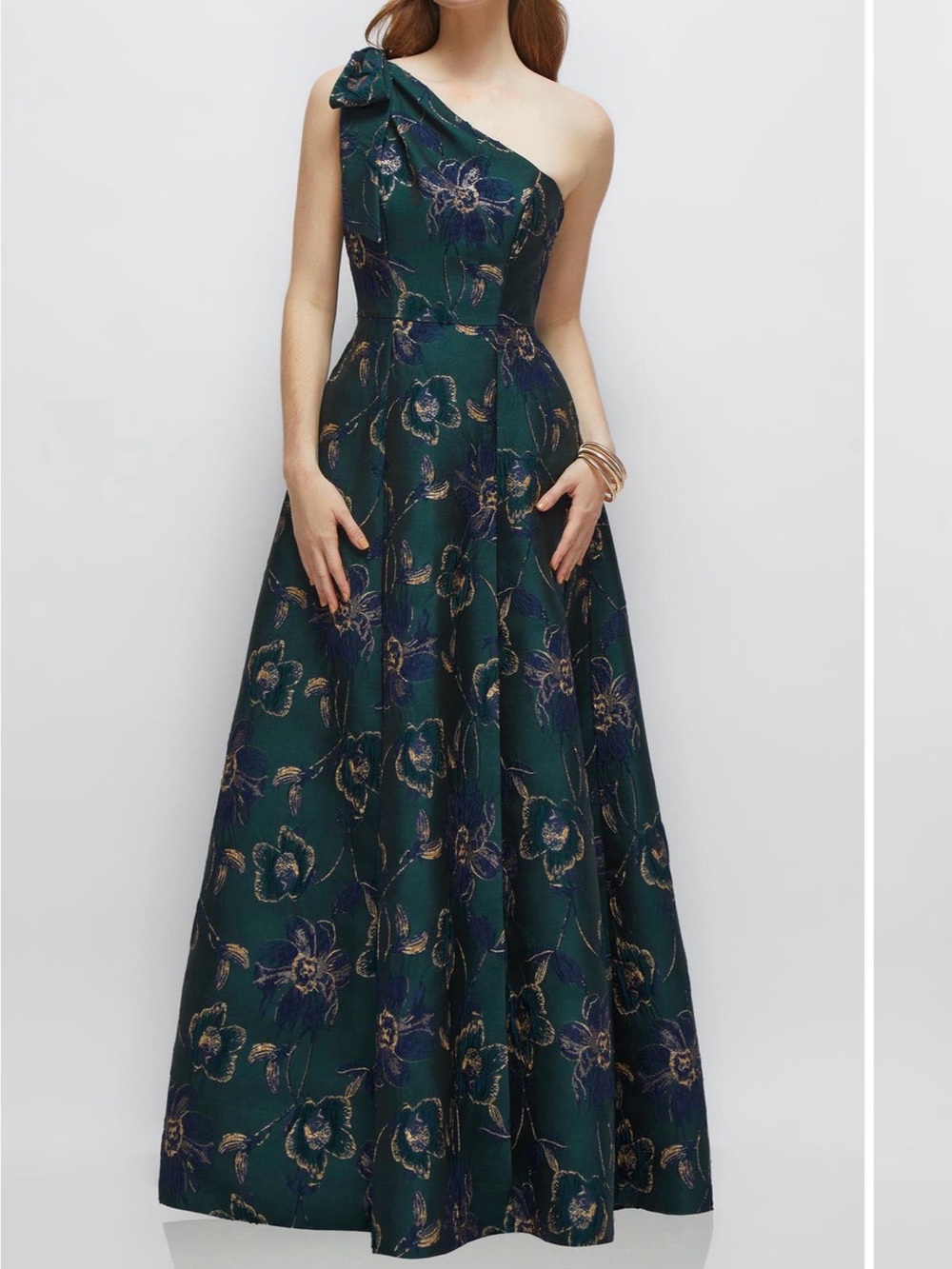 ALFRED SUNG Emerald Green One-Shoulder Floral Jacquard Gown Size 6